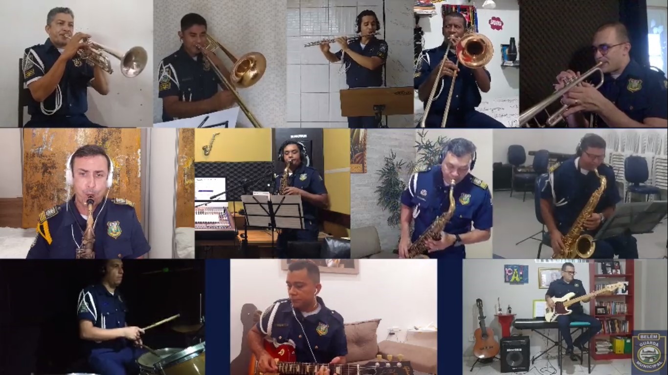 Integrantes da Banda da Guarda Municipal de Belém gravam vídeos em casa