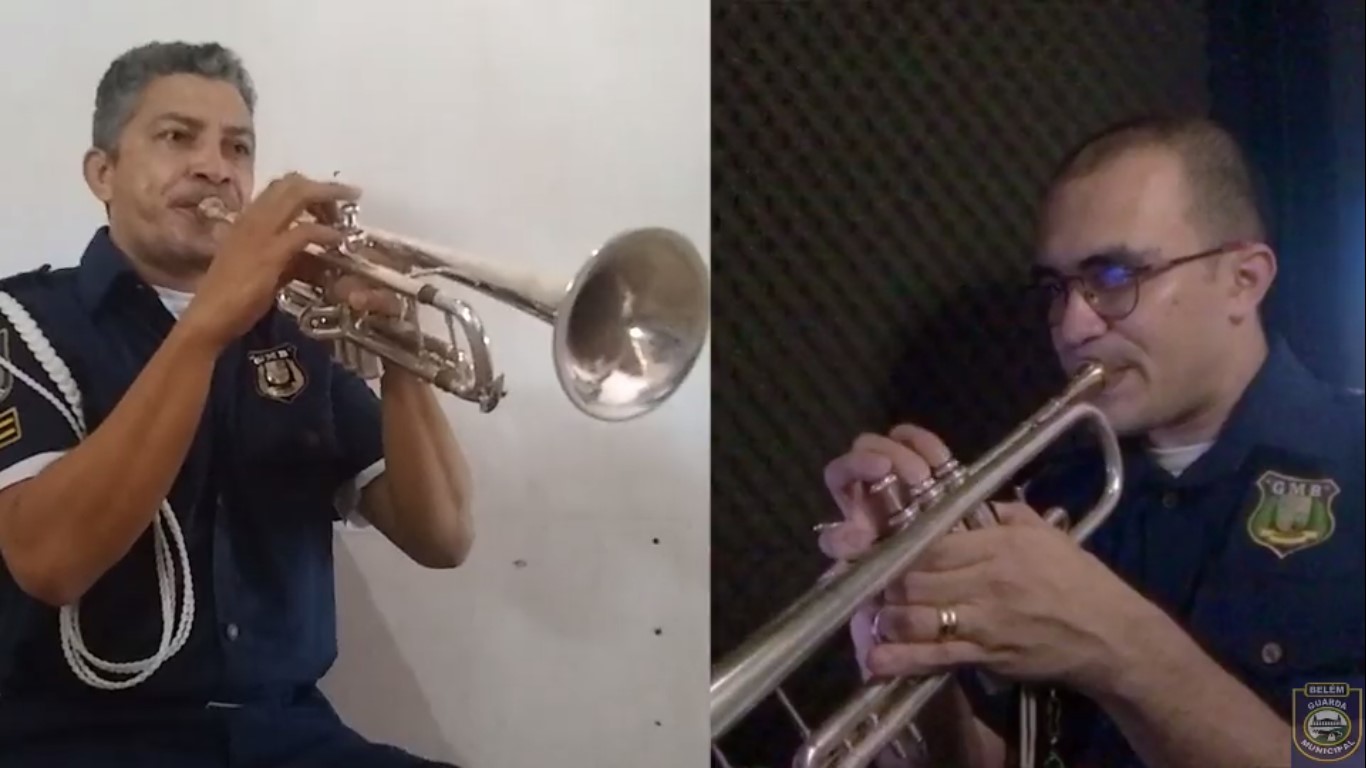 Integrantes da Banda da Guarda Municipal de Belém gravam vídeos em casa