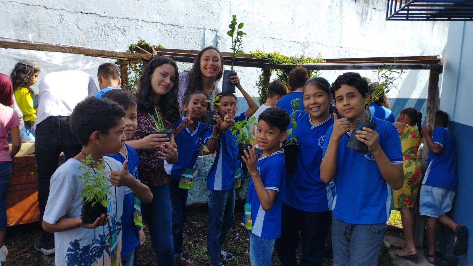 Crianças põem a mão na terra e aprendem a plantar hortaliças e flores em escola municipal